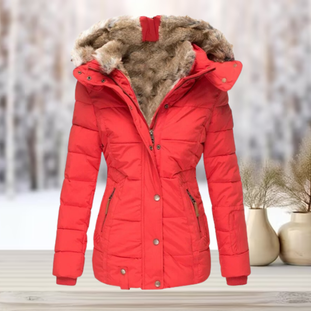 Women's Faux Fur Hooded Puffer Coat – Quilted Cinched Waist Winter Coat