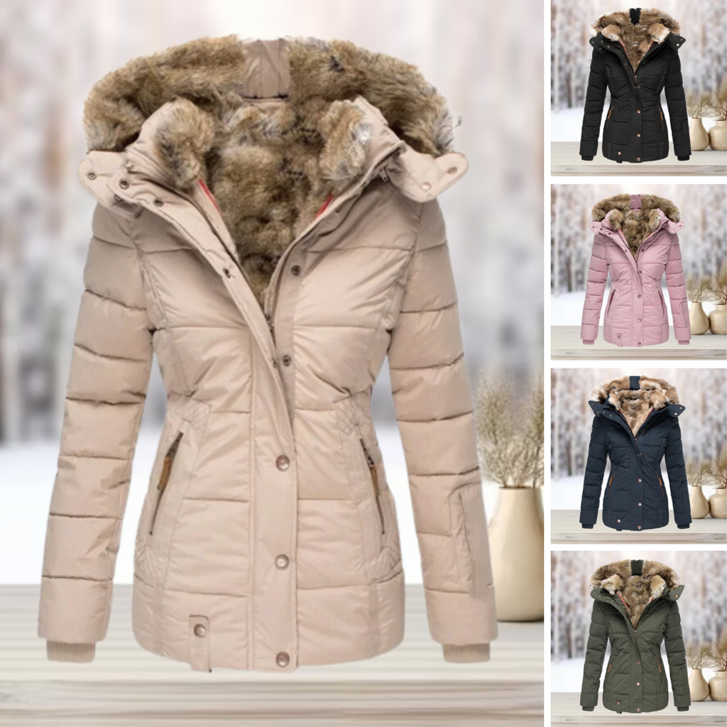 Women's Faux Fur Hooded Puffer Coat – Quilted Cinched Waist Winter Coat