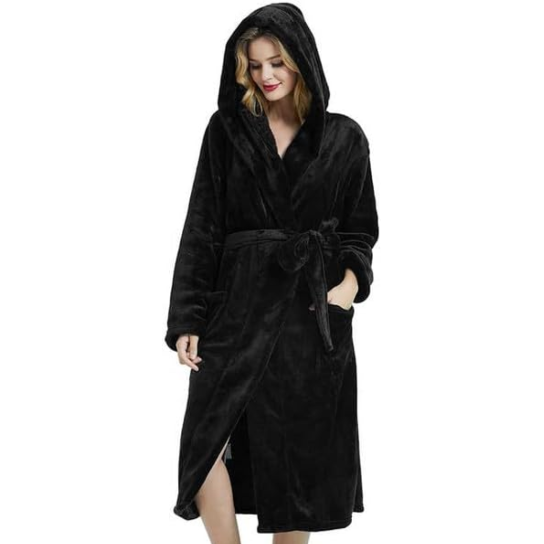 Women's Hooded Fleece Bathrobe – Long Soft Robe with Pockets
