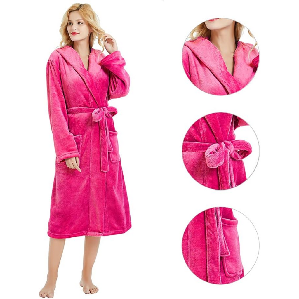 Women's Hooded Fleece Bathrobe – Long Soft Robe with Pockets