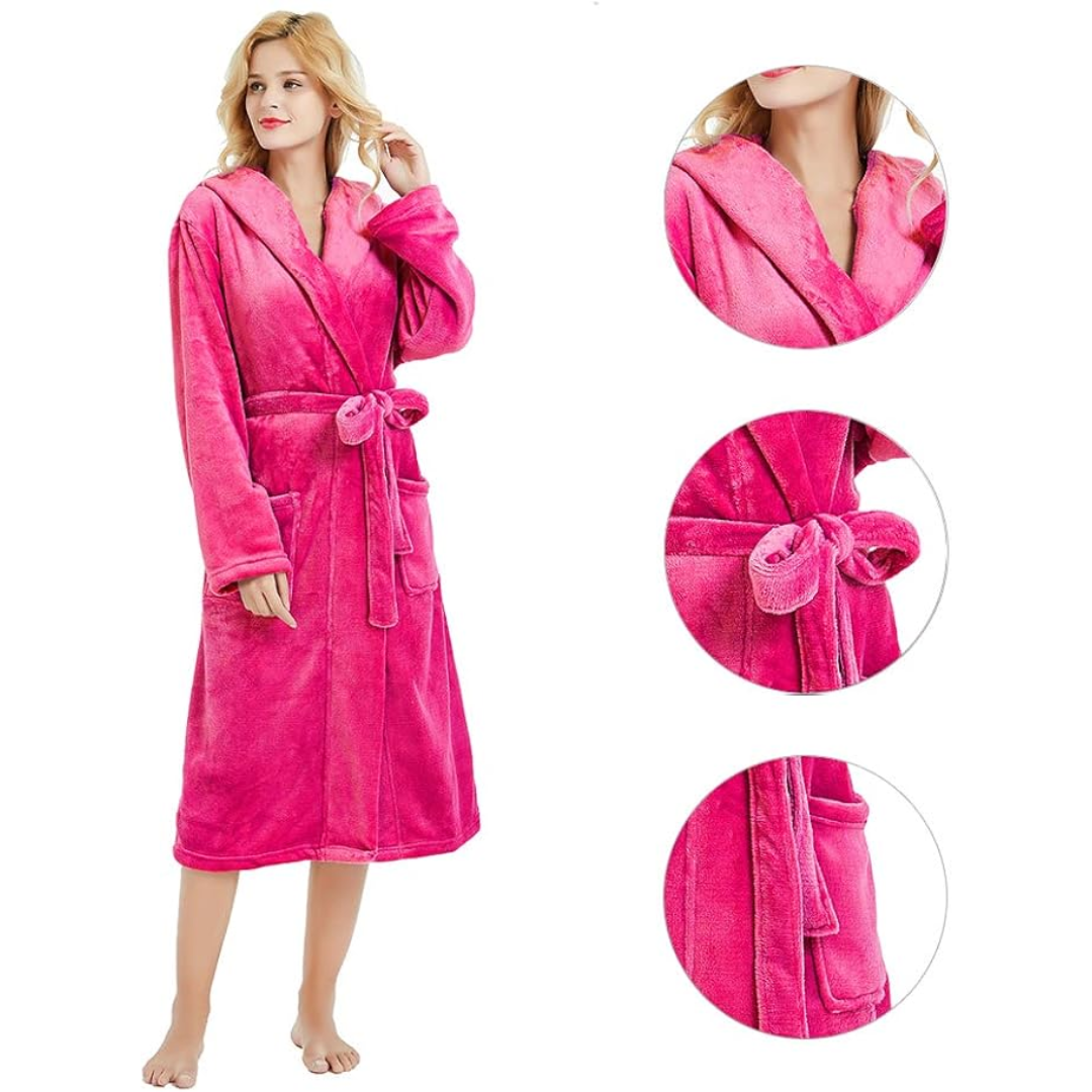 Women's Hooded Fleece Bathrobe – Long Soft Robe with Pockets
