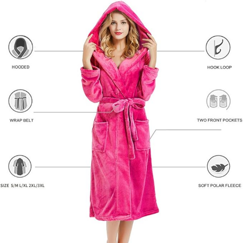 Women's Hooded Fleece Bathrobe – Long Soft Robe with Pockets