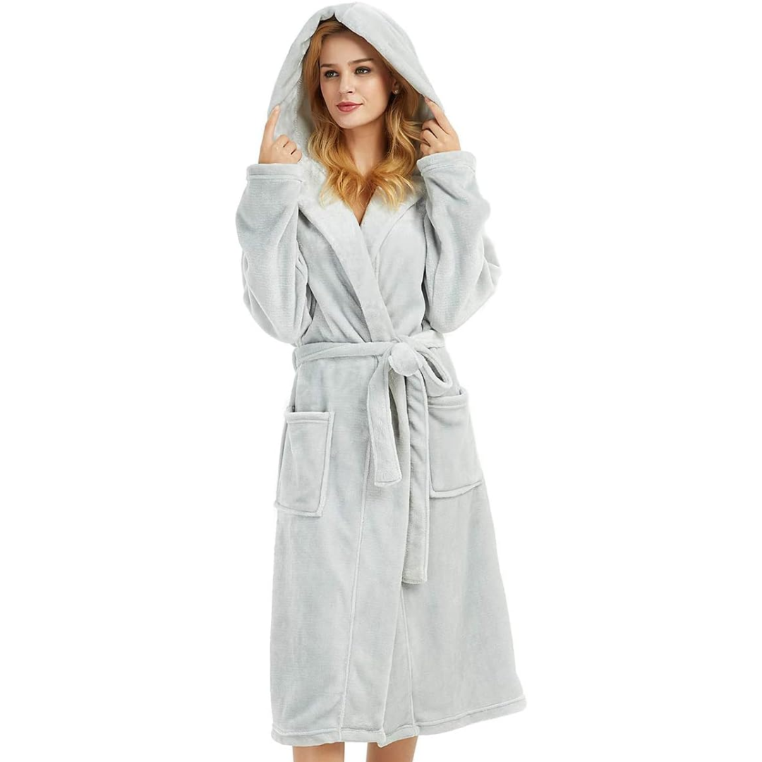 Women's Hooded Fleece Bathrobe – Long Soft Robe with Pockets