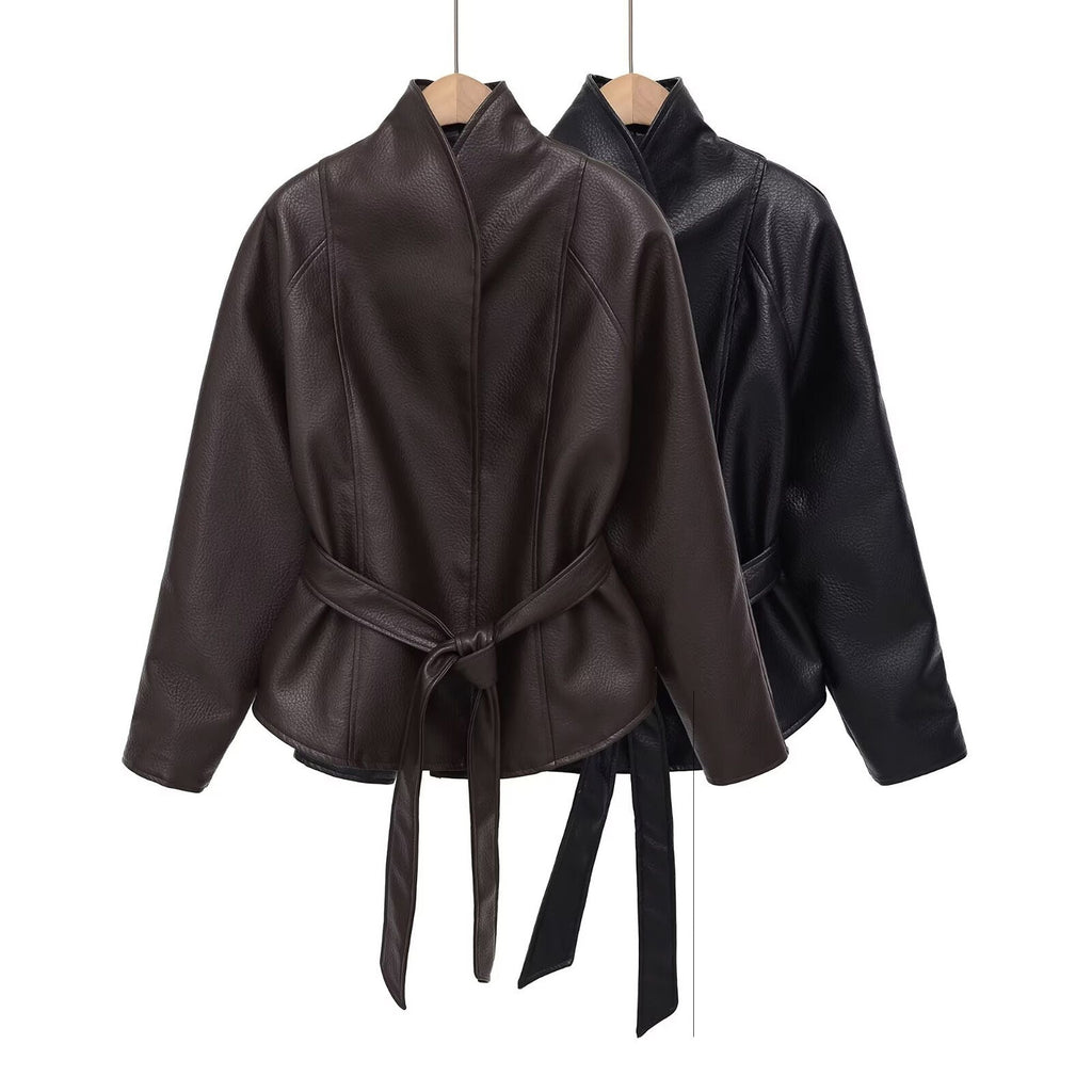 Frances | Women Belted Faux Leather Stand Collar Jacket
