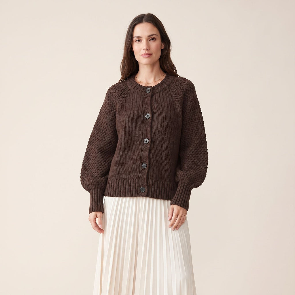 Daphne | Women Chunky Knit Crew Neck Button Cardigan