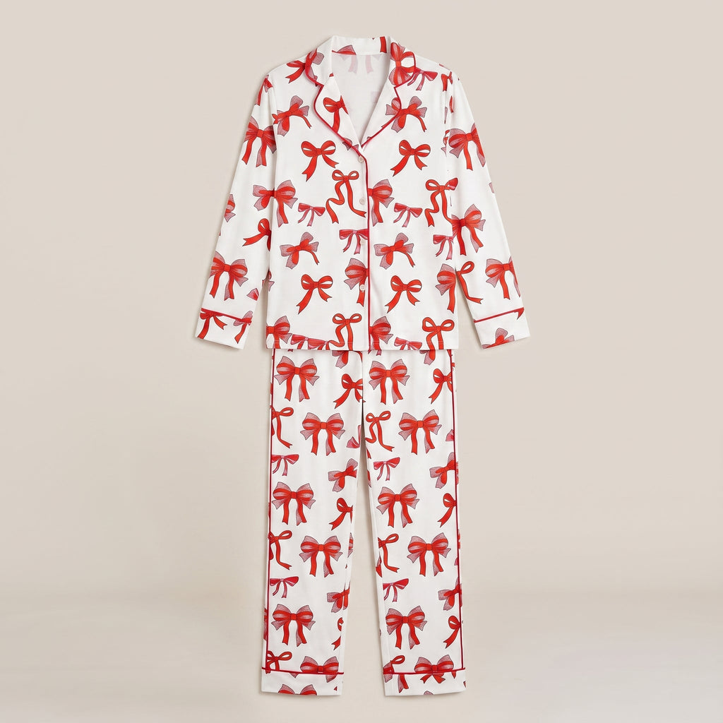 Caroline | Women Christmas Bow Print Button Up Pajama Set