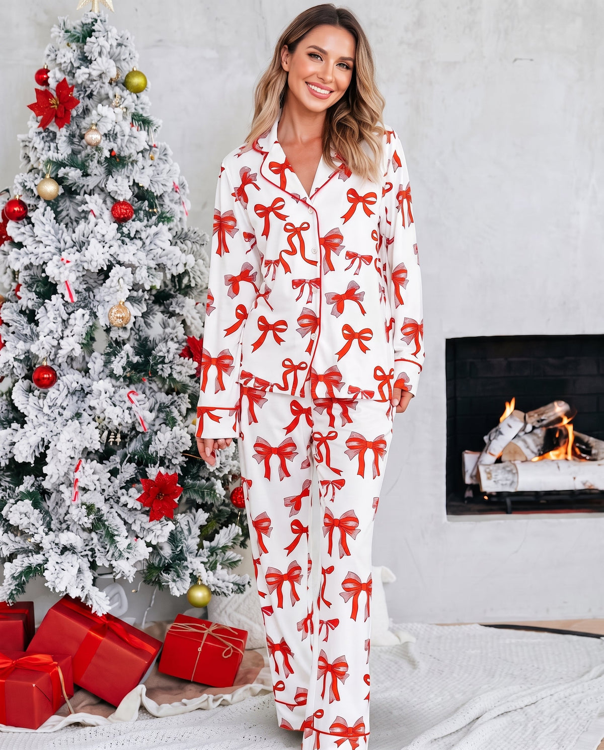 Caroline | Women Christmas Bow Print Button Up Pajama Set