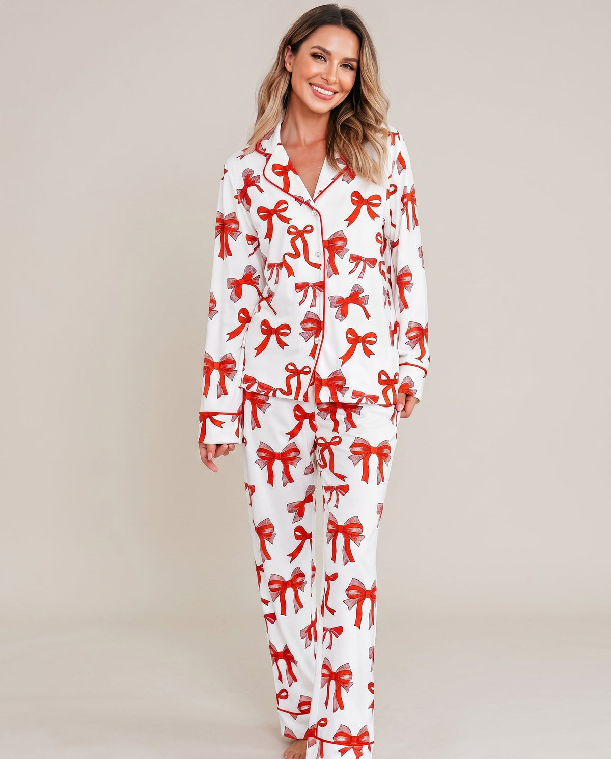 Caroline | Women Christmas Bow Print Button Up Pajama Set