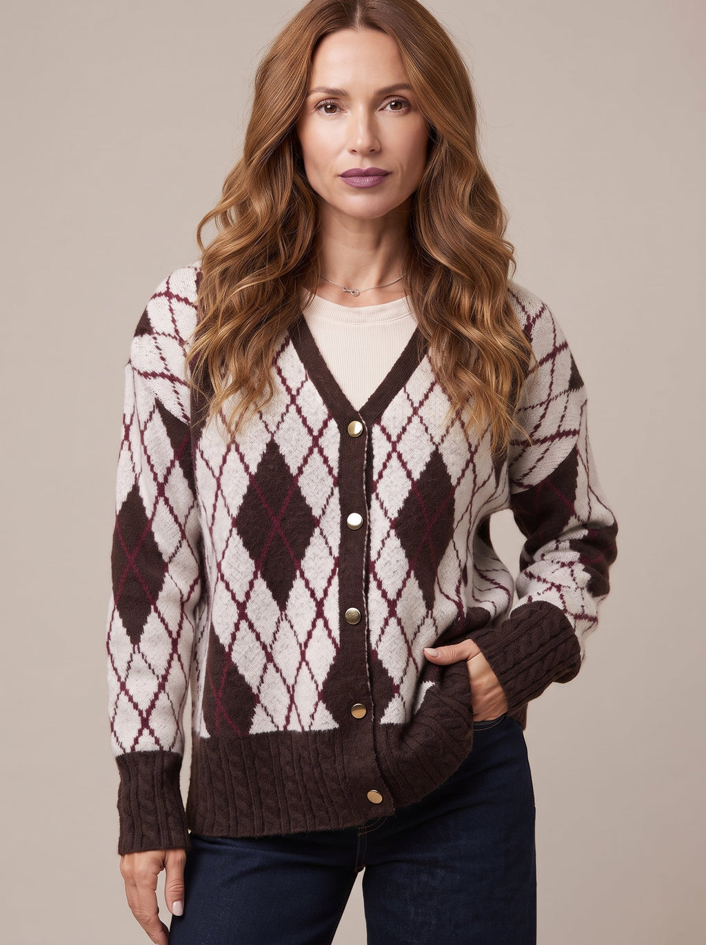 Bonnie | Women Argyle V Neck Button Cardigan