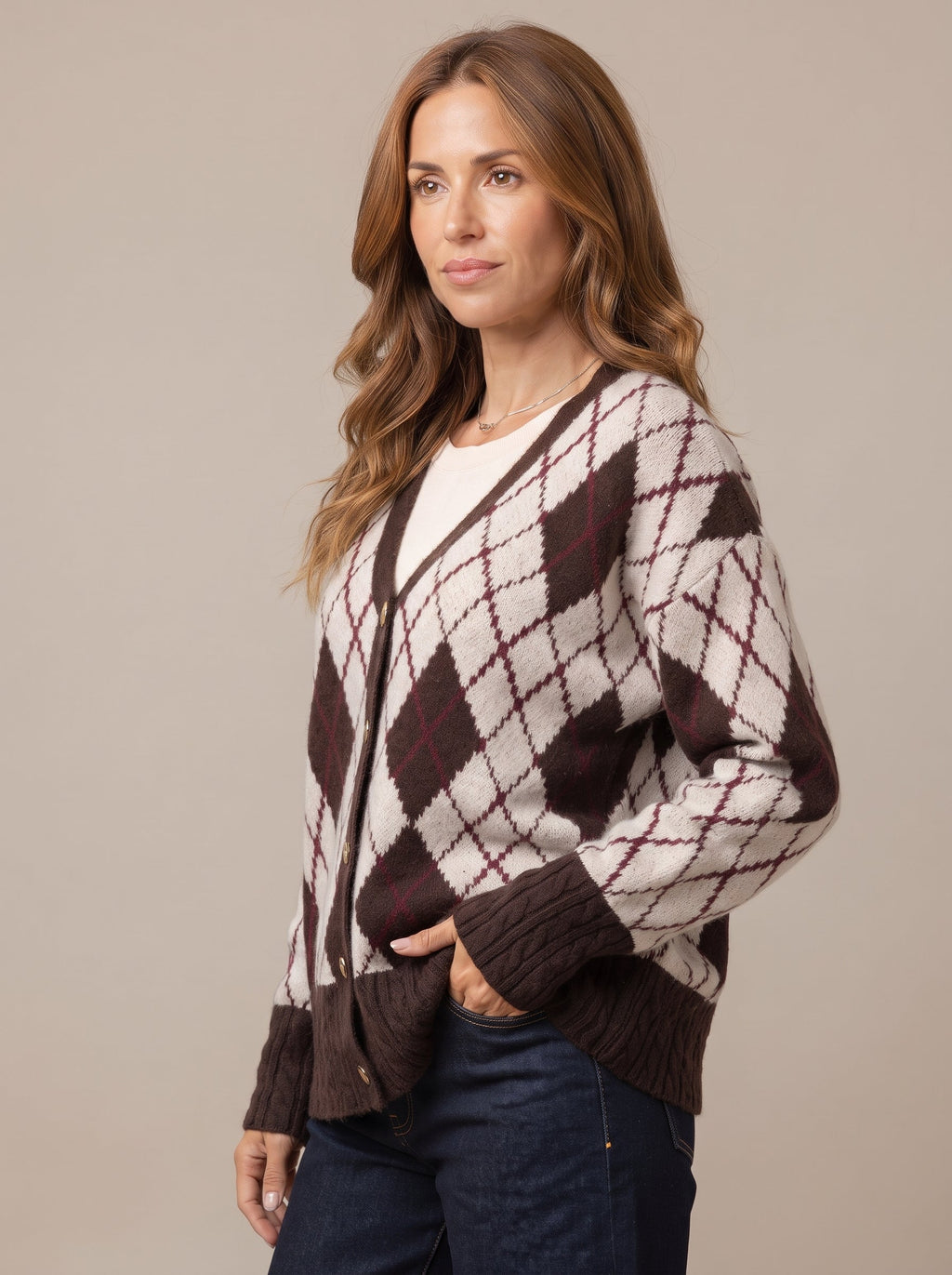 Bonnie | Women Argyle V Neck Button Cardigan