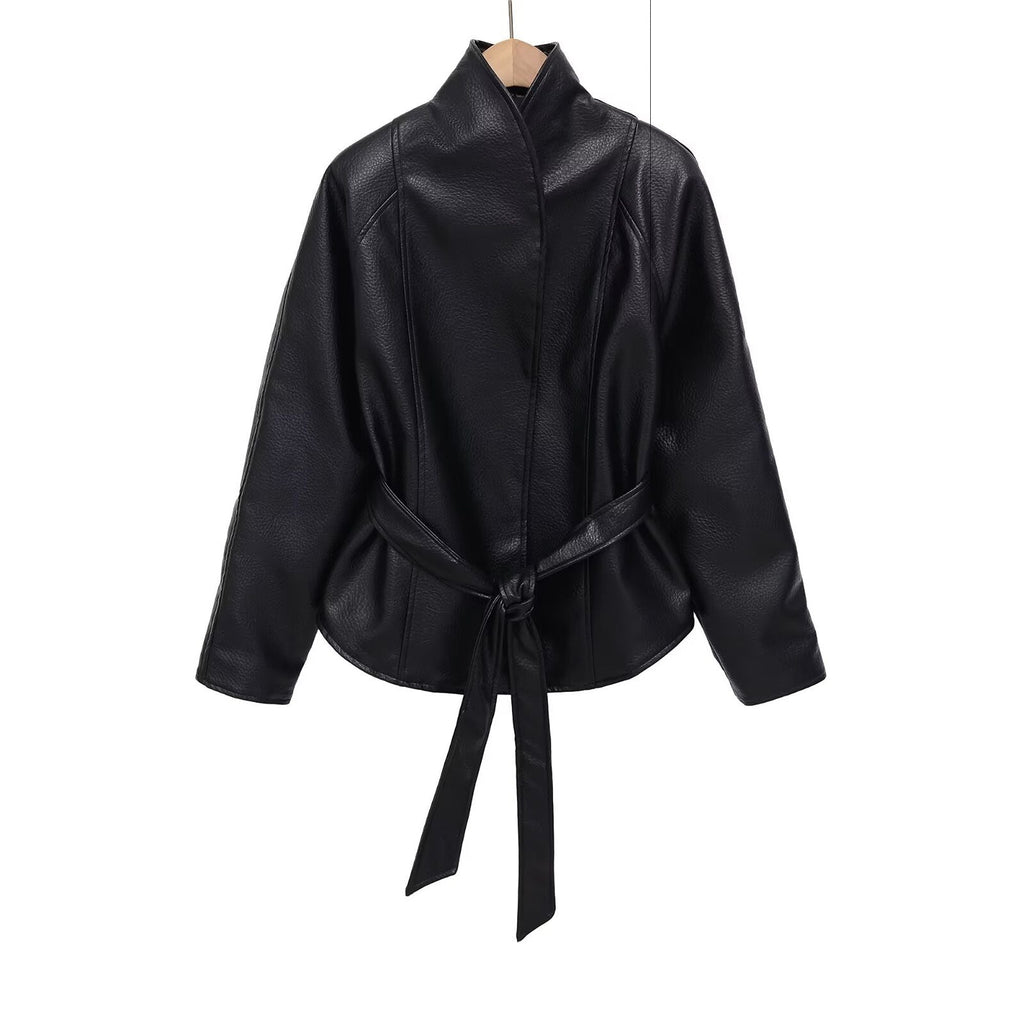 Frances | Women Belted Faux Leather Stand Collar Jacket