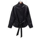Frances | Women Belted Faux Leather Stand Collar Jacket