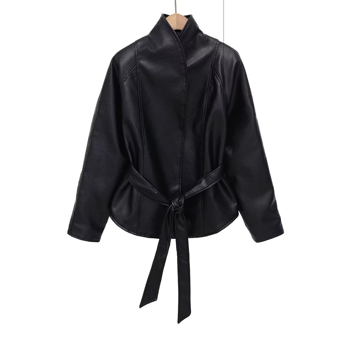 Frances | Women Belted Faux Leather Stand Collar Jacket