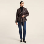Frances | Women Belted Faux Leather Stand Collar Jacket