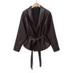 Frances | Women Belted Faux Leather Stand Collar Jacket