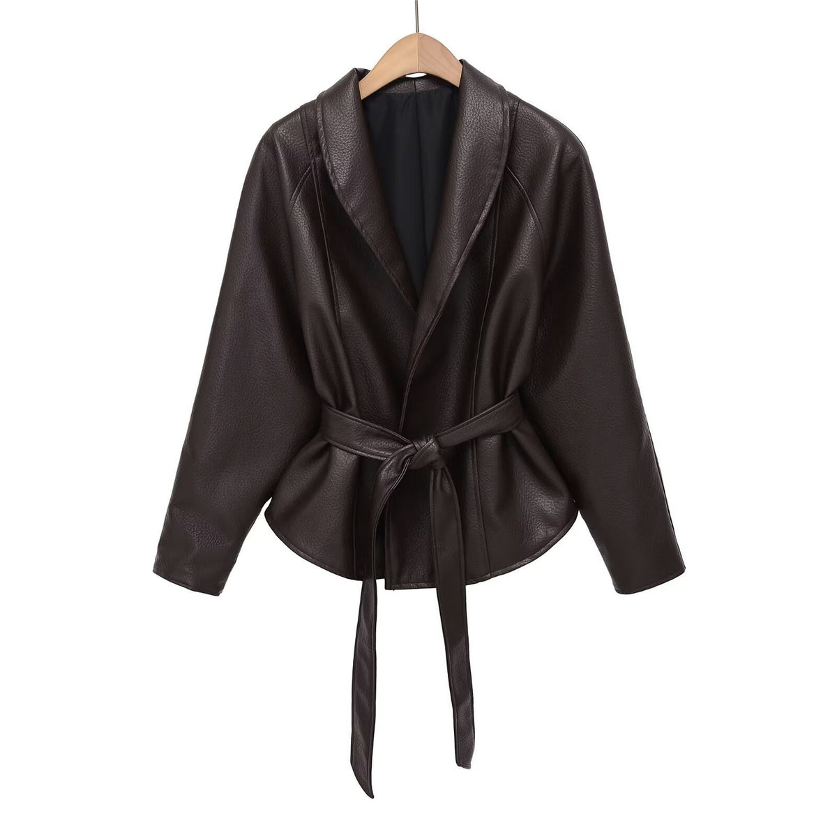 Frances | Women Belted Faux Leather Stand Collar Jacket