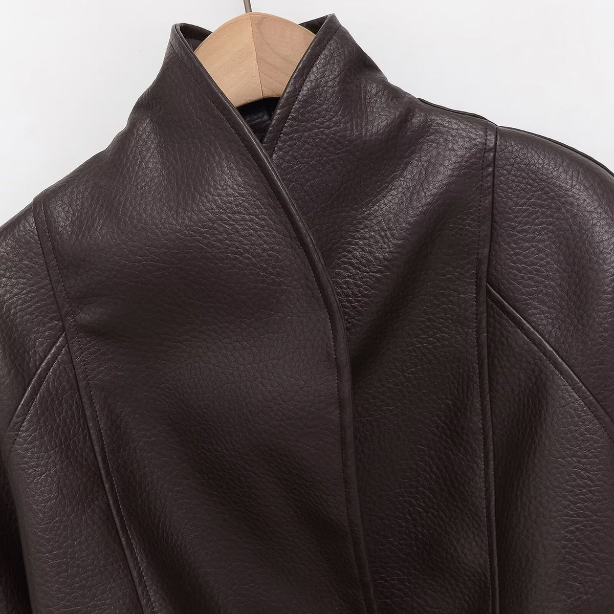 Frances | Women Belted Faux Leather Stand Collar Jacket