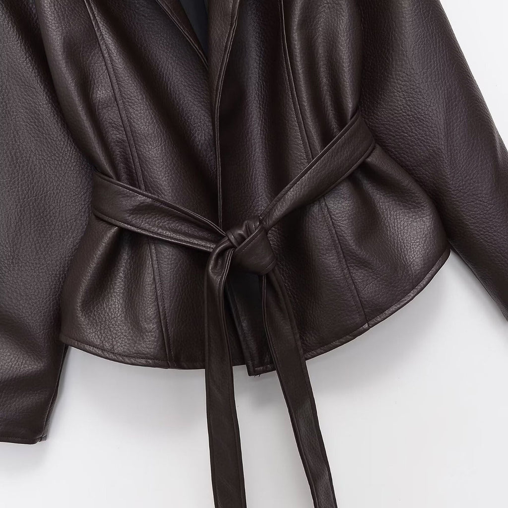 Frances | Women Belted Faux Leather Stand Collar Jacket