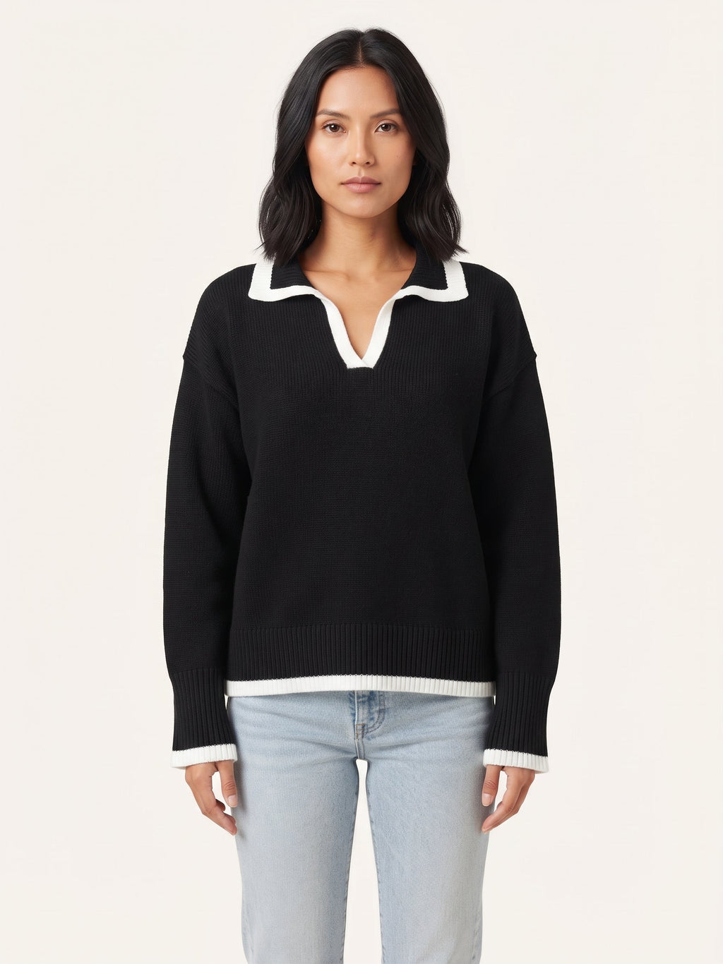 Edith | Women Contrast Trim Polo Collar Knit Sweater