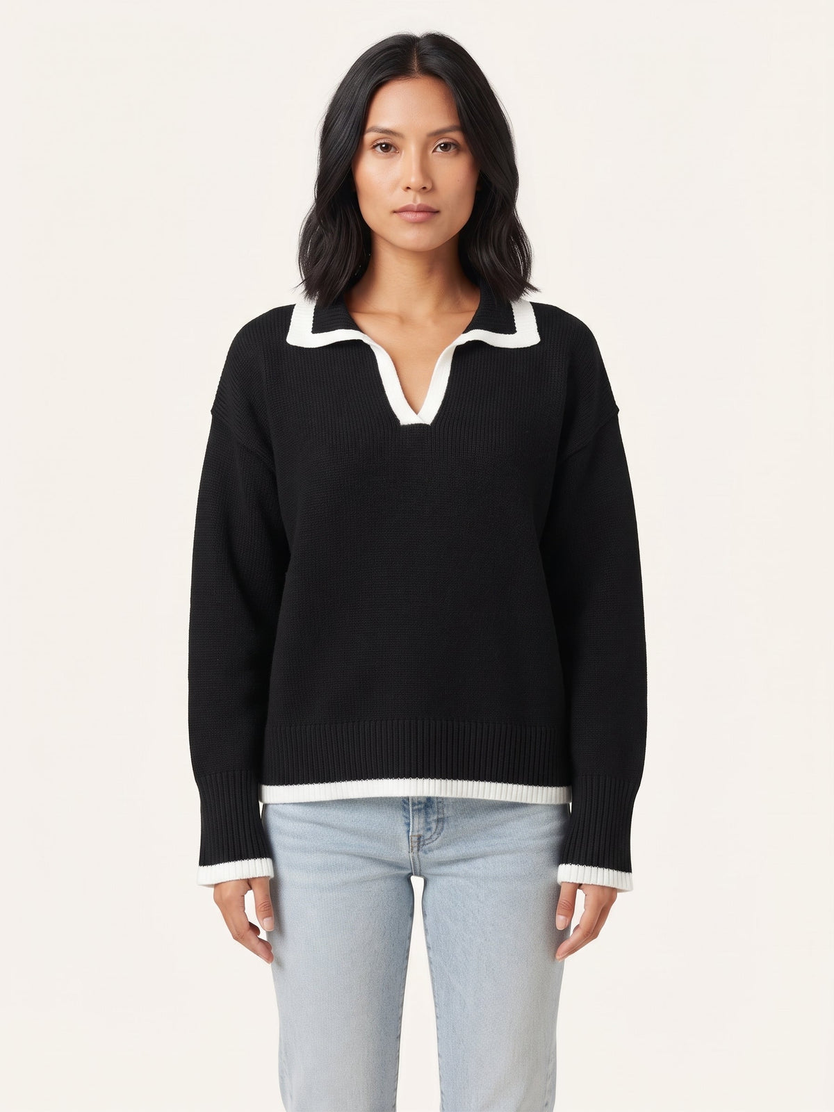 Edith | Women Contrast Trim Polo Collar Knit Sweater