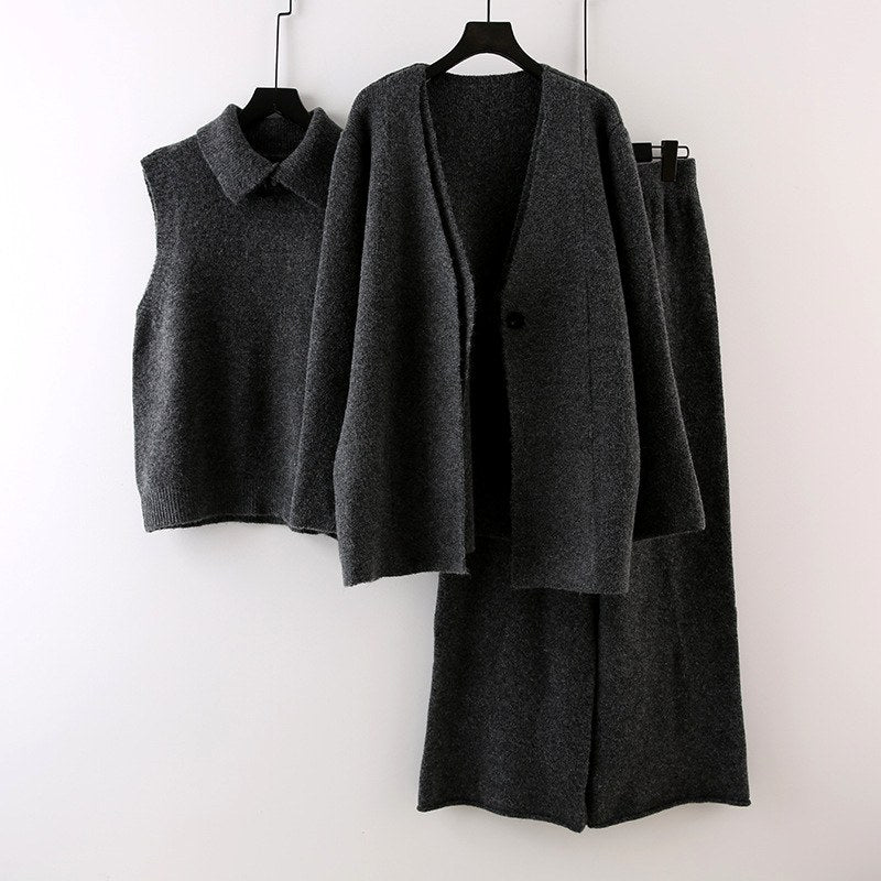 Women's 3-Piece Knit Set – Long Cardigan, Collared Sweater Vest and Wide-Leg Pants