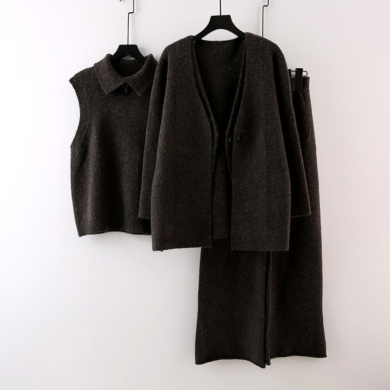 Women's 3-Piece Knit Set – Long Cardigan, Collared Sweater Vest and Wide-Leg Pants