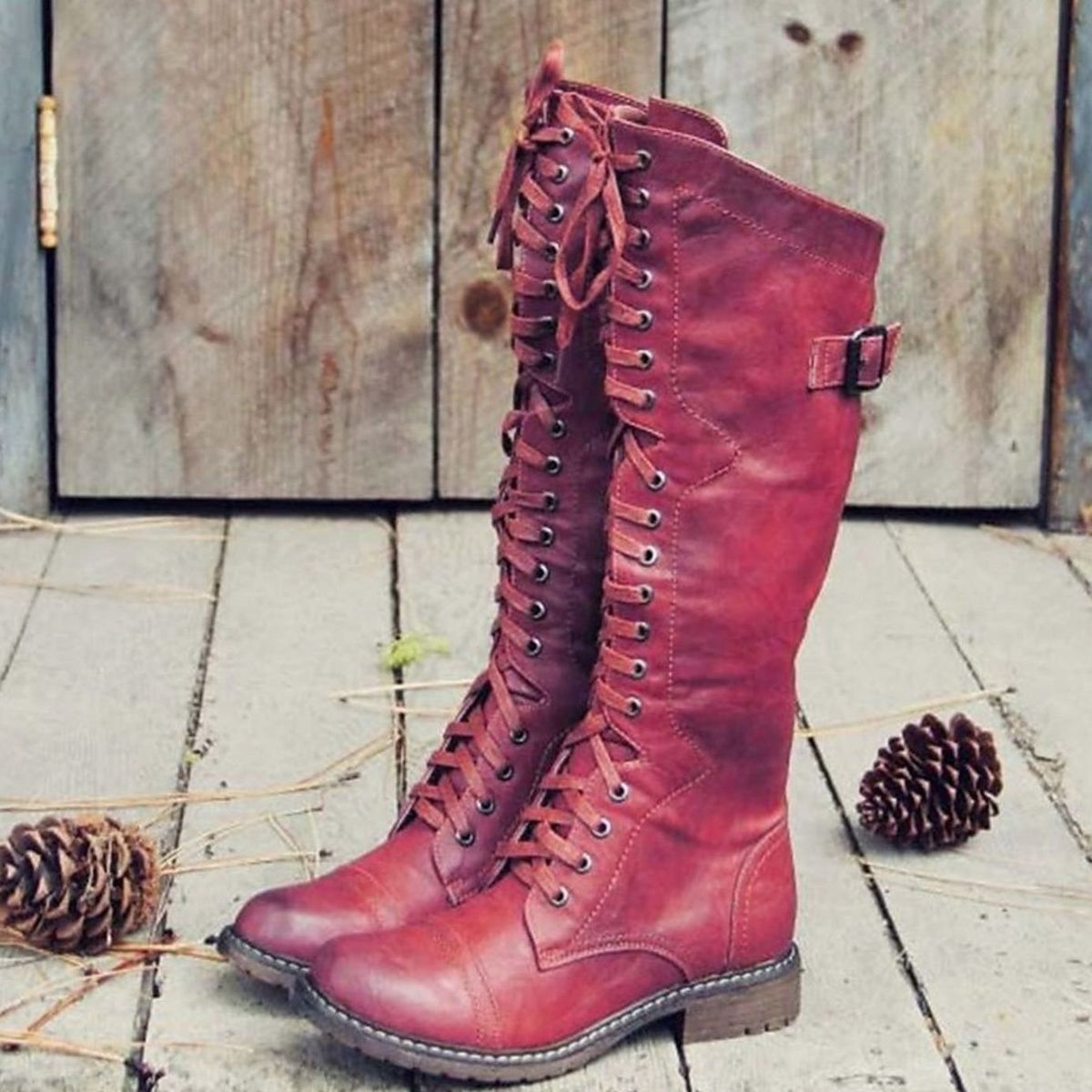 Women's Tall Lace-Up Riding Boots – Faux Leather Knee-High Boots with Lug Sole