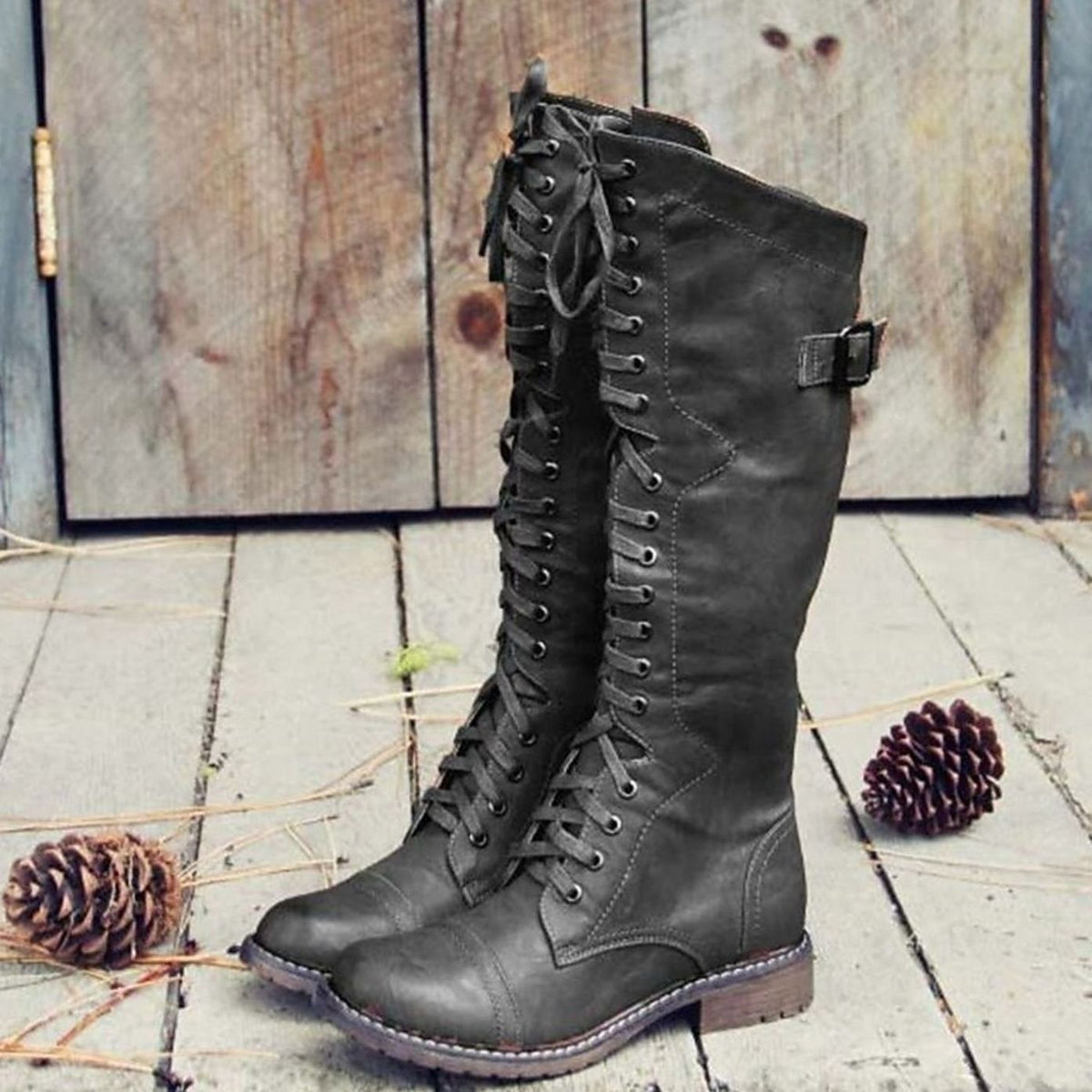 Women's Tall Lace-Up Riding Boots – Faux Leather Knee-High Boots with Lug Sole