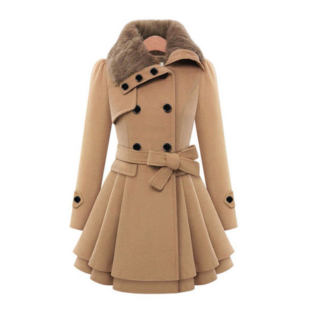 Women's Faux Fur Collar Peplum Coat – Belted Double-Breasted Long Winter Coat