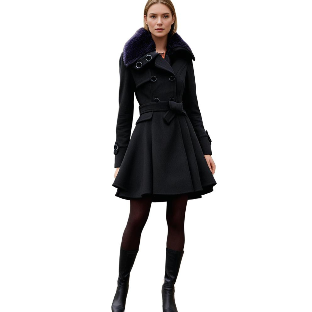 Women's Faux Fur Collar Peplum Coat – Belted Double-Breasted Long Winter Coat