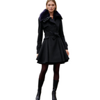 Women's Faux Fur Collar Peplum Coat – Belted Double-Breasted Long Winter Coat