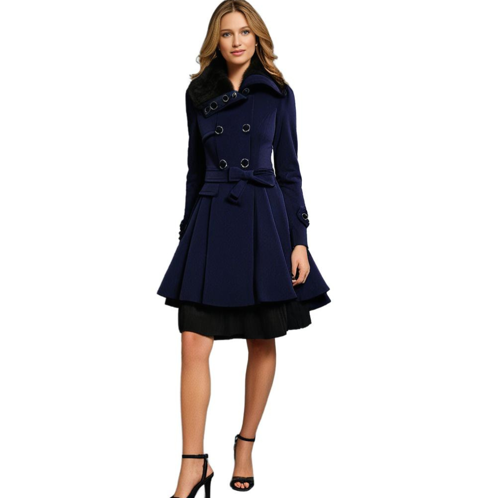 Women's Faux Fur Collar Peplum Coat – Belted Double-Breasted Long Winter Coat
