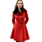 Women's Faux Fur Collar Peplum Coat – Belted Double-Breasted Long Winter Coat