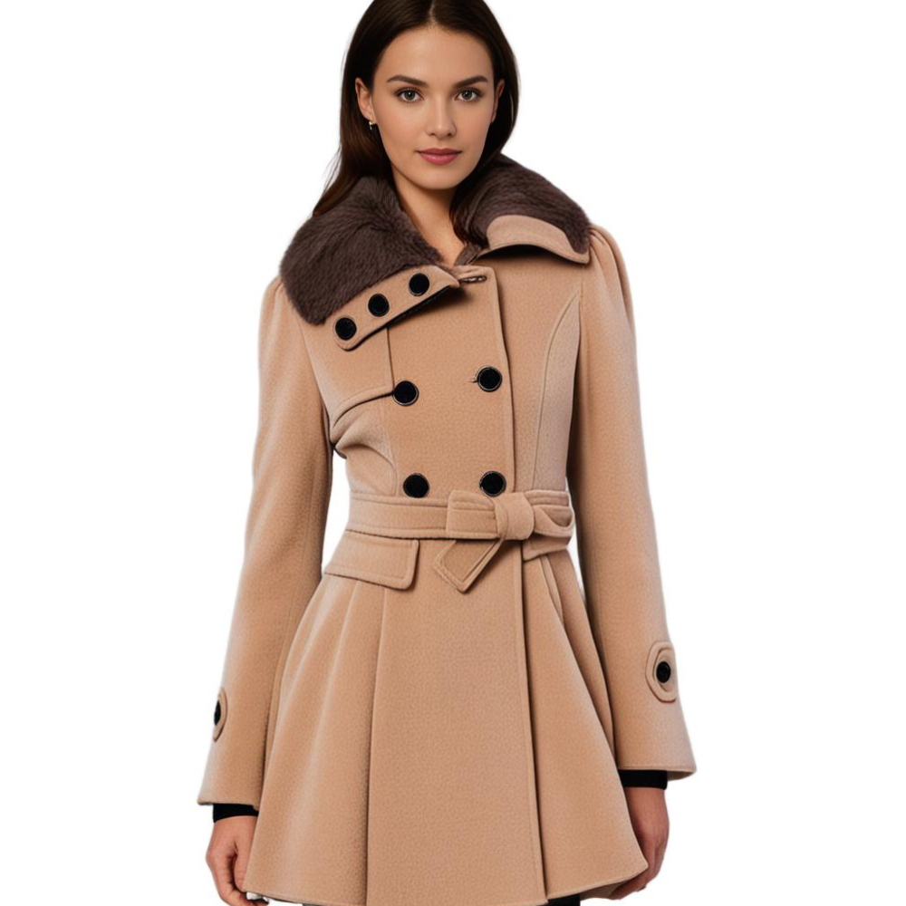 Women's Faux Fur Collar Peplum Coat – Belted Double-Breasted Long Winter Coat