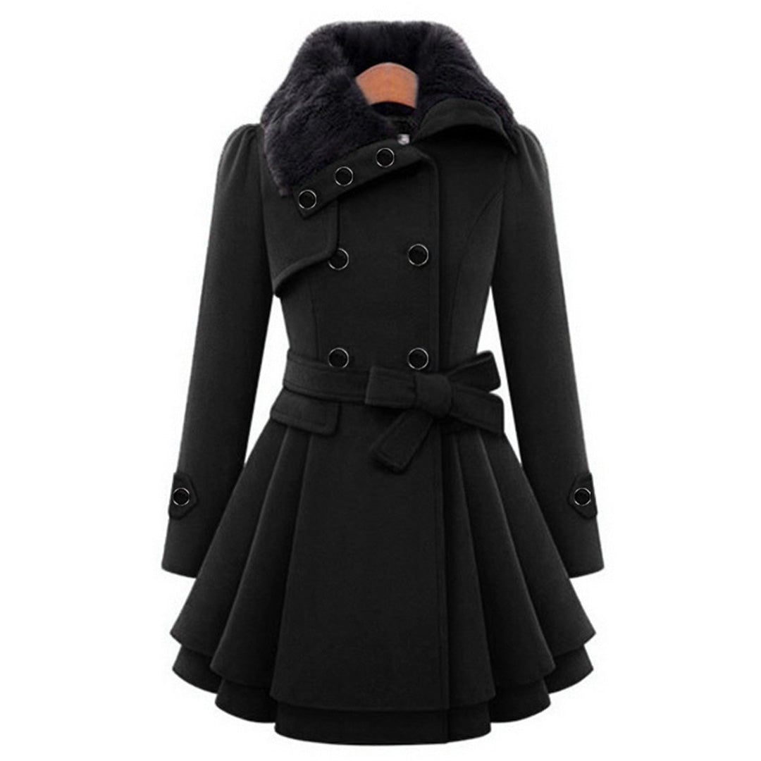 Women's Faux Fur Collar Peplum Coat – Belted Double-Breasted Long Winter Coat