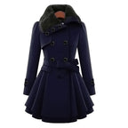 Women's Faux Fur Collar Peplum Coat – Belted Double-Breasted Long Winter Coat