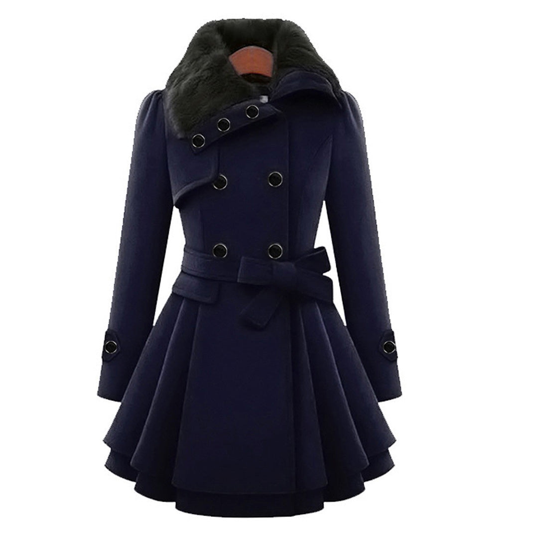 Women's Faux Fur Collar Peplum Coat – Belted Double-Breasted Long Winter Coat