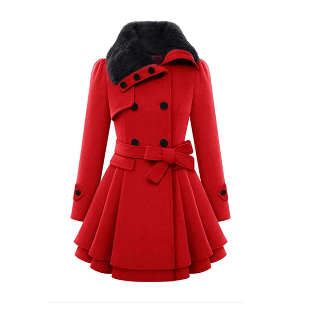 Women's Faux Fur Collar Peplum Coat – Belted Double-Breasted Long Winter Coat