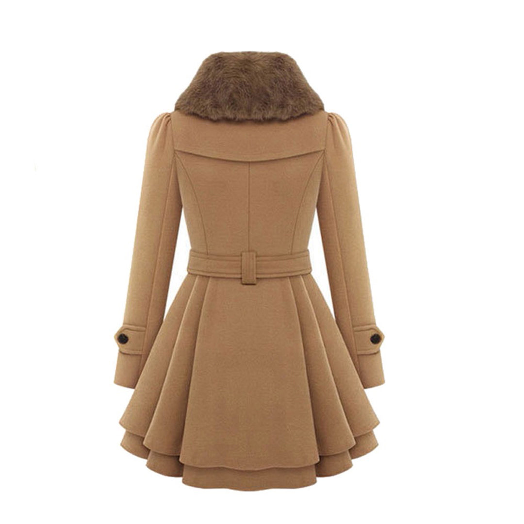 Women's Faux Fur Collar Peplum Coat – Belted Double-Breasted Long Winter Coat