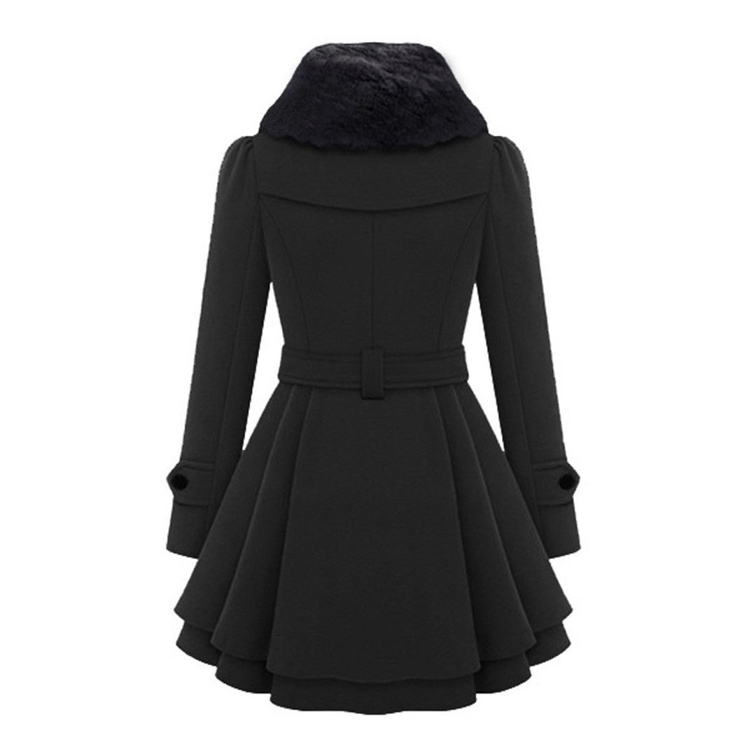 Women's Faux Fur Collar Peplum Coat – Belted Double-Breasted Long Winter Coat