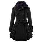 Women's Faux Fur Collar Peplum Coat – Belted Double-Breasted Long Winter Coat