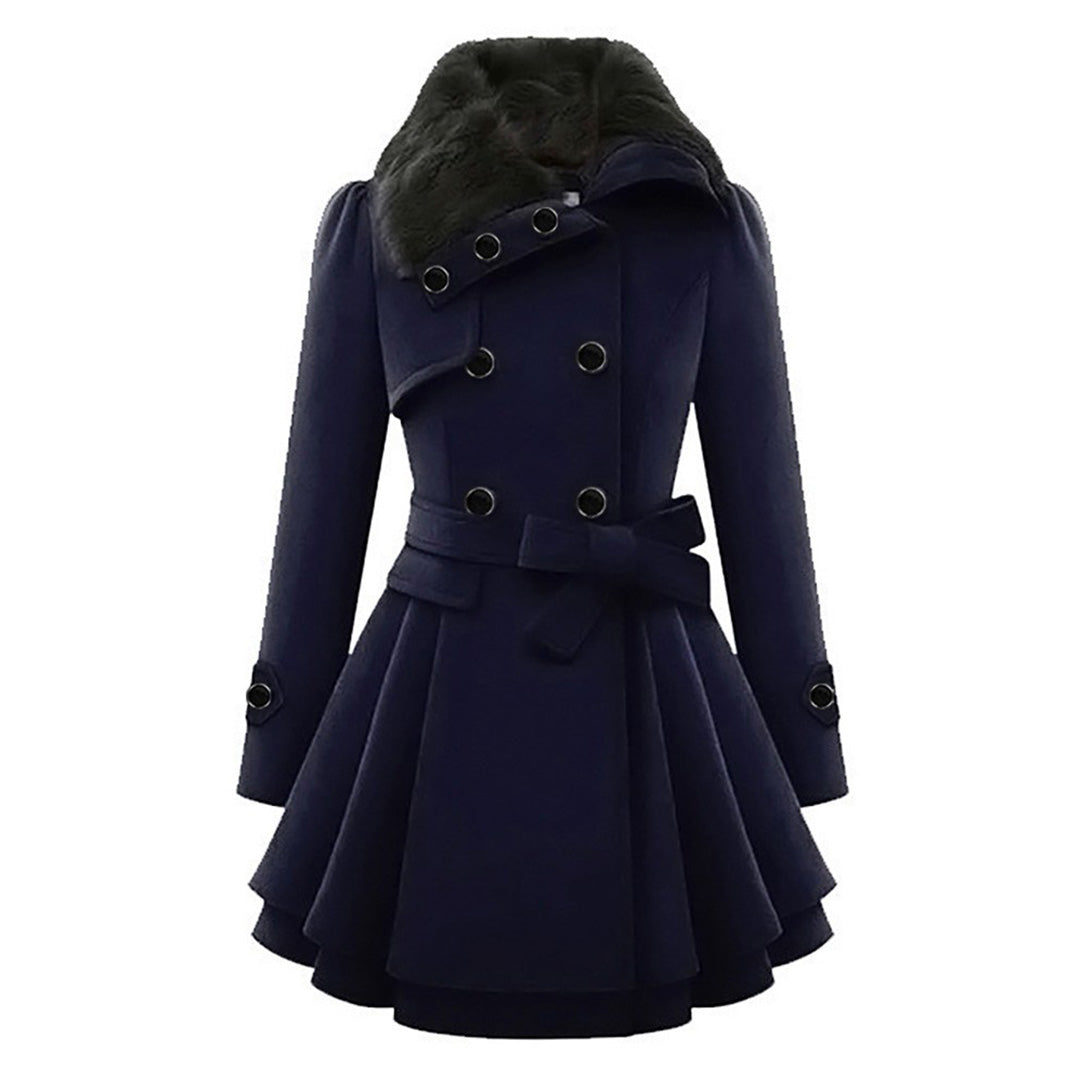 Women's Faux Fur Collar Peplum Coat – Belted Double-Breasted Long Winter Coat