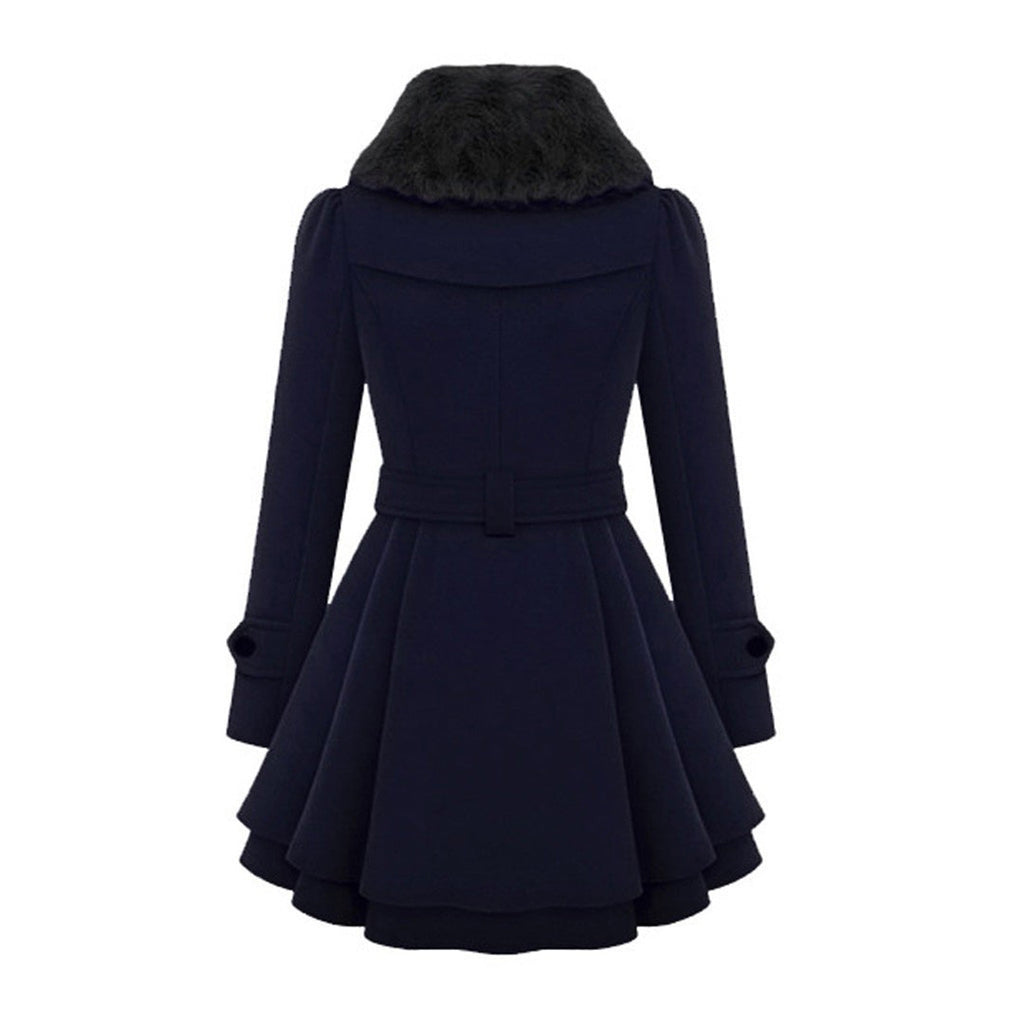 Women's Faux Fur Collar Peplum Coat – Belted Double-Breasted Long Winter Coat