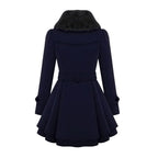 Women's Faux Fur Collar Peplum Coat – Belted Double-Breasted Long Winter Coat