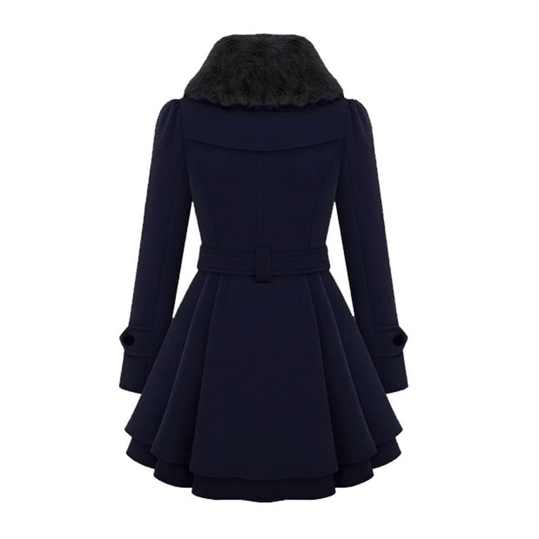 Women's Faux Fur Collar Peplum Coat – Belted Double-Breasted Long Winter Coat