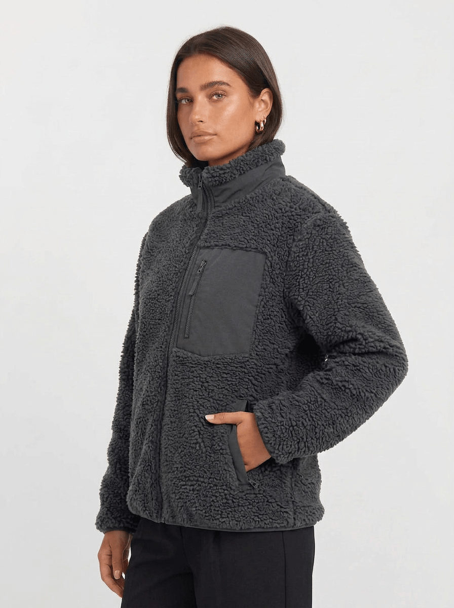 Women's Sherpa Fleece Zip Jacket – Relaxed Fit Teddy Jacket with Pockets