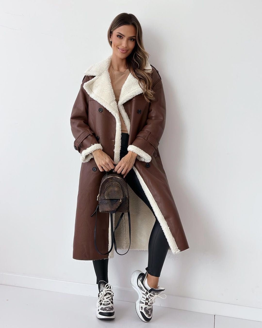 Women's Sherpa-Lined Trench Coat – Button-Front Winter Coat