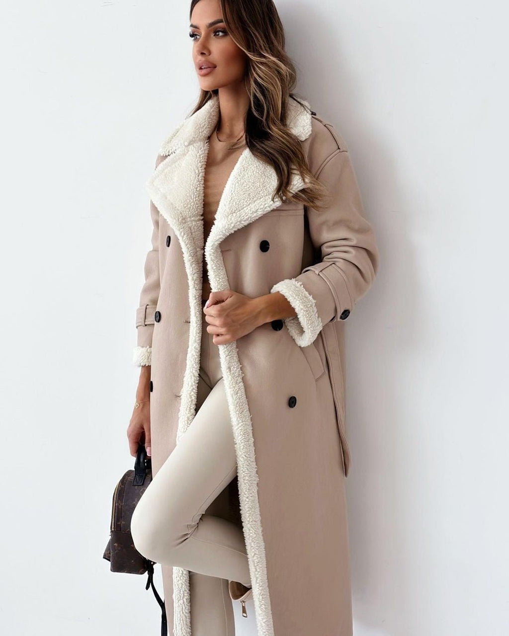 Women's Sherpa-Lined Trench Coat – Button-Front Winter Coat