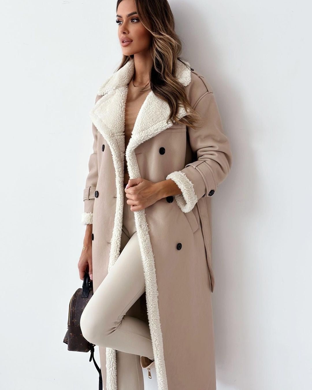 Women's Sherpa-Lined Trench Coat – Button-Front Winter Coat