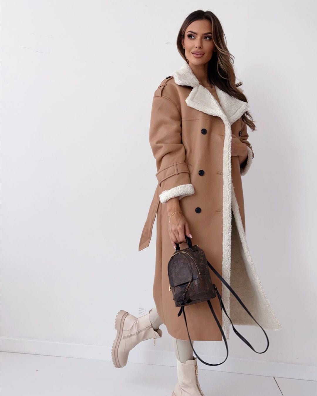 Women's Sherpa-Lined Trench Coat – Button-Front Winter Coat